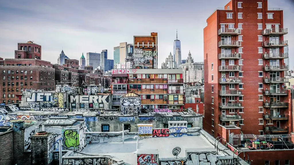Rooftop view of NYC buildings.