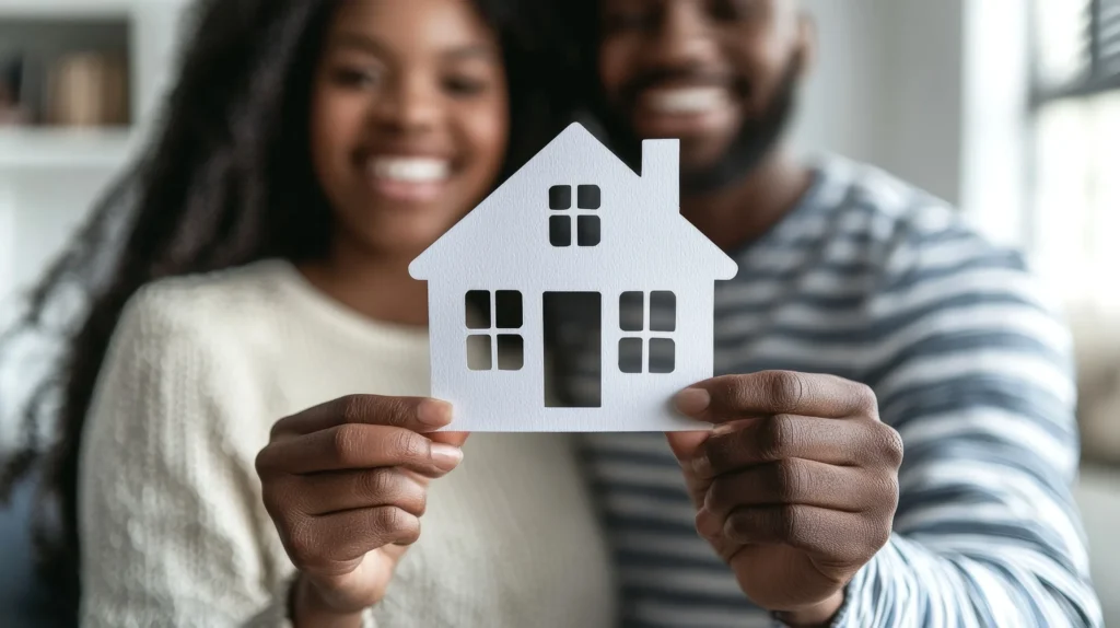 A young black couple happy with their new home.